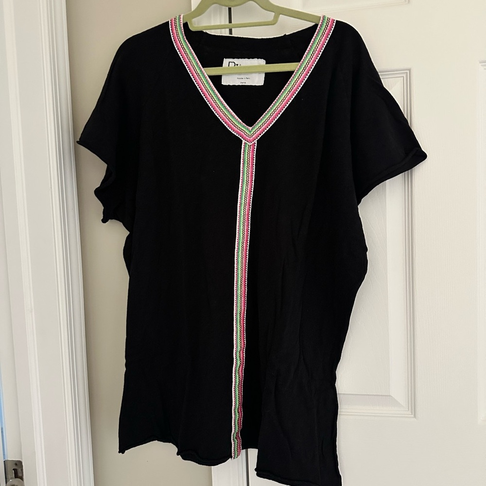 Black V-Neck Top with Multicolor Trim
